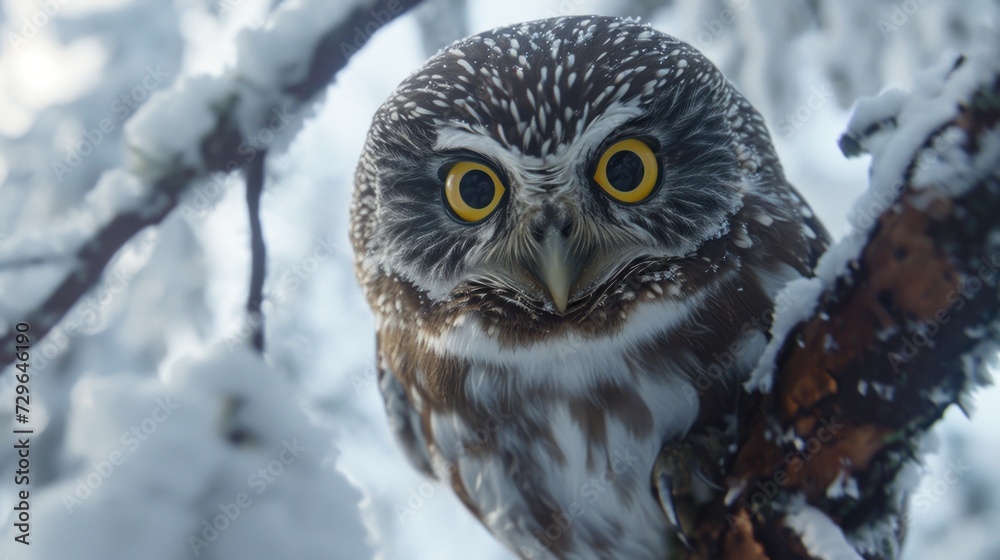 a close up of a owl sitting on a tree branch with snow on the ground and behind it is a tree branch with snow on the branches and yellow eyes.