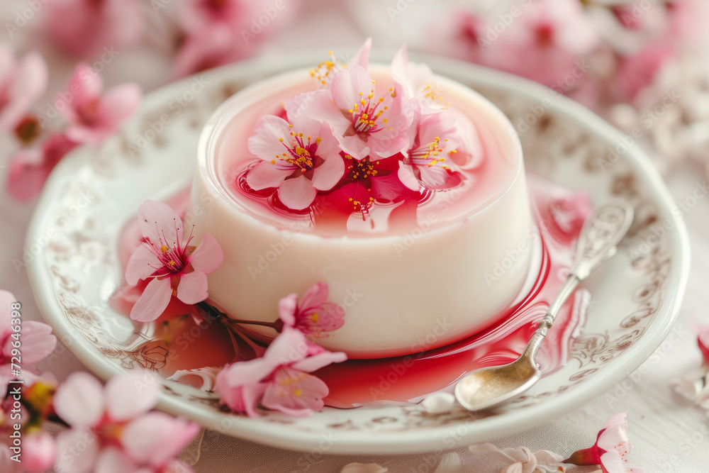 Panna cotta topped with a delicate cherry blossoms in syrup. Generative AI