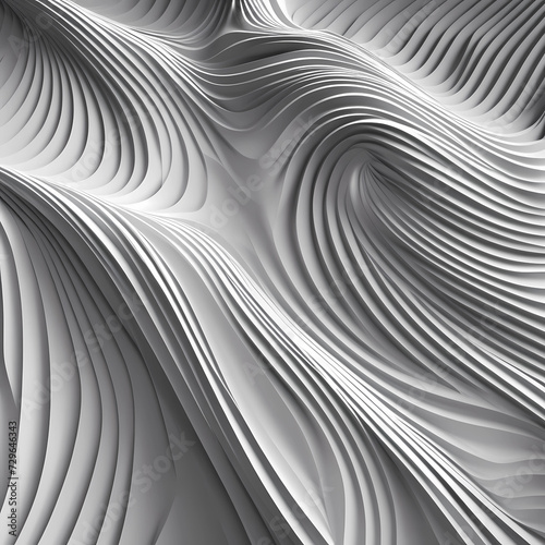 rounded lines on white plastic, visually stimulating wavy background, calm B&W wallpaper, liquid plastic under air flow, multi-level cavities in white material, B&W lines in a three-dimensional space