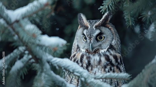  a close up of an owl sitting on a branch of a pine tree with snow on the branches and behind it is a pine tree with snowing on the branches.