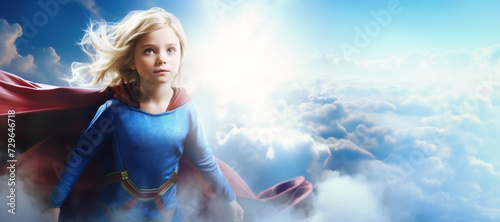 Superhero Superwoman Girl Portrait Flying in the Blue Sky Banner photo
