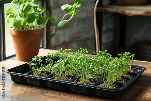 A tray of sprouts on a table with a plant in it 