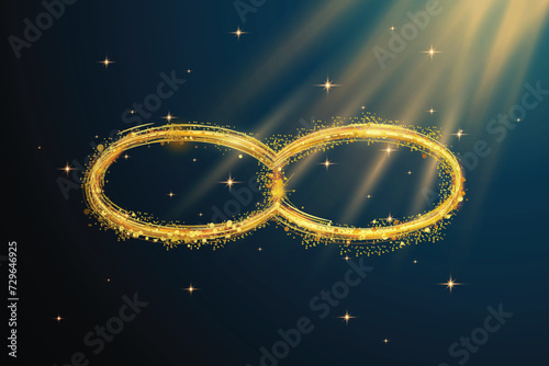 Glowing infinity signs gold light rays golden stars Shining symbol Glittering star dust loop Twinkling glare ellipse Background blue Endless concept Symbol eternity of boundless space Sparks