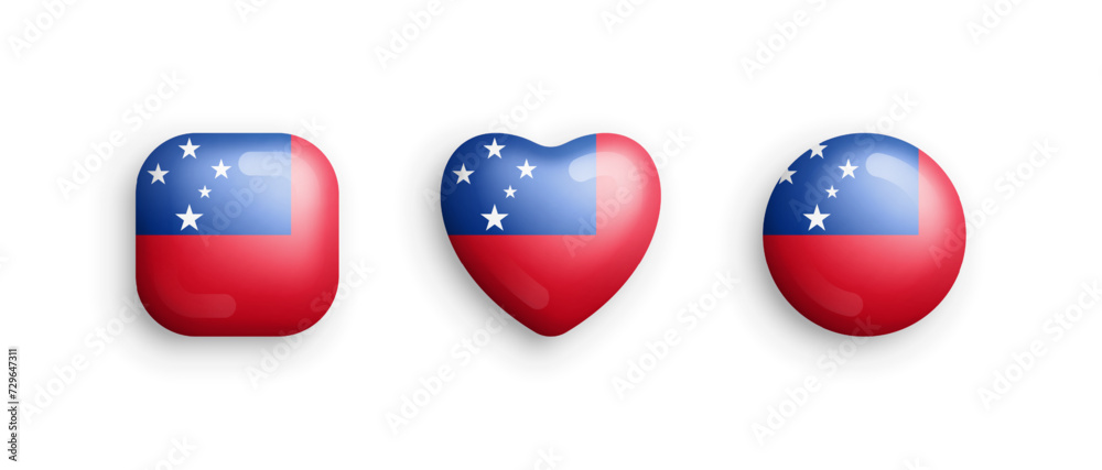 Samoa Official National Flag 3D Vector Glossy Icons In Rounded Square, Heart And Circle Shape Isolate On White Background. Samoan Sign And Symbols Graphic Design Elements Volumetric Buttons Collection Samoa Official National Flag 3D Vector Glossy Icons In Rounded Square, Heart And Circle Shape Isolate On White Background. Samoan Sign And Symbols Graphic Design Elements Volumetric Buttons Collection