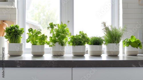 a row of potted plants sitting on top of a counter next to a white vase filled with green leafy plants on top of a counter next to a window sill.