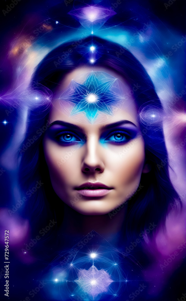 Woman's face with star above her head and stars above her head.