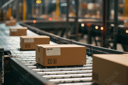Closeup of multiple cardboard box packages seamlessly moving along a conveyor belt in a warehouse fulfillment center, a snapshot of e-commerce, delivery, automation, and products photo