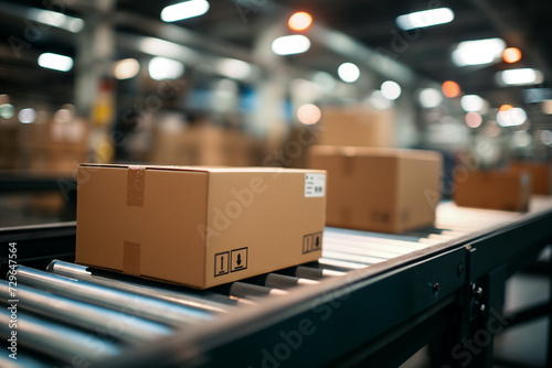 Closeup of multiple cardboard box packages seamlessly moving along a conveyor belt in a warehouse fulfillment center, a snapshot of e-commerce, delivery, automation, and products photo