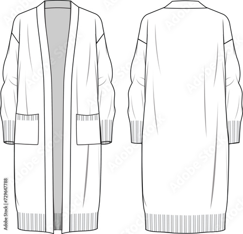 Women's Edge to Edge, Pocket-Detail Cardigan. Technical fashion illustration. Front and back, white color. Women's CAD mock-up.