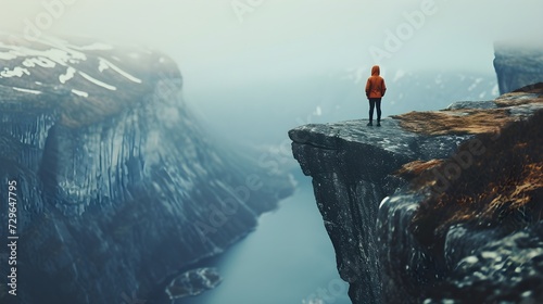 Leap of Contemplation  Person at Cliff s Edge  Ultra-Realistic 8K   Filmed with Film Camera Wide-Angle Lens  Symbolizing Symbolic Leap into Uncertainty Overlooking Abyss