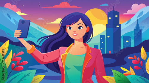 Young Woman Taking a Selfie in Urban Park at Sunset