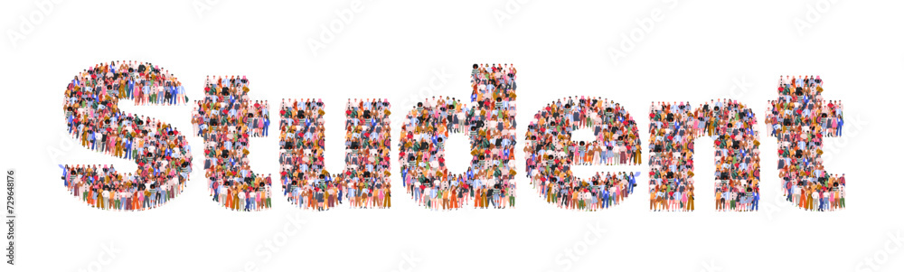 Large group of people forming word Student. Crowd of multicultural students standing together. Education, knowledge, science, study concept. Banner for school, university, training course, library. Large group of people forming word Student. Crowd of multicultural students standing together. Education, knowledge, science, study concept. Banner for school, university, training course, library.