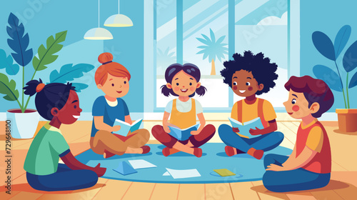 Group of Children Sitting on Floor Reading Books