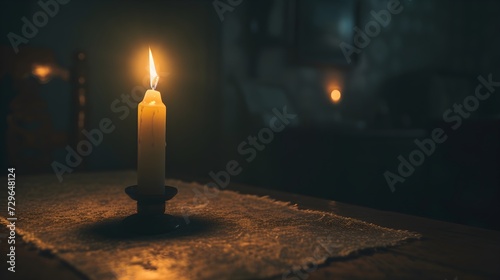 Flicker of Hope: Dimly Lit Room with Single Flickering Candle in Ultra-Realistic 8K | Captured with DSLR Zoom Lens, Portraying Fragile Flame and Subdued Light as Symbol of Hope in Darkness photo