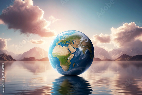 Planeta Tierra suspendido sobre aguas tranquilas con montañas al fondo en una composición que invita a la reflexión y la calma © Nautilus One