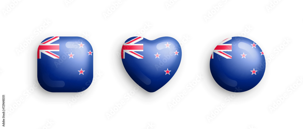 New Zealand Official National Flag 3D Vector Glossy Icons In Rounded Square Heart And Circle Shape Isolate On White. New Zealander Sign And Symbols Graphic Design Elements Volumetric Button Collection New Zealand Official National Flag 3D Vector Glossy Icons In Rounded Square Heart And Circle Shape Isolate On White. New Zealander Sign And Symbols Graphic Design Elements Volumetric Button Collection