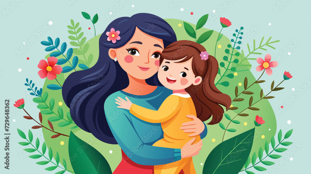 Mother and Daughter Embracing in a Floral Garden Vector Illustration Mother and Daughter Embracing in a Floral Garden Vector Illustration