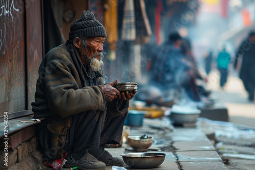 Man Sitting on Sidewalk Eating Food in Urban Street Scene
