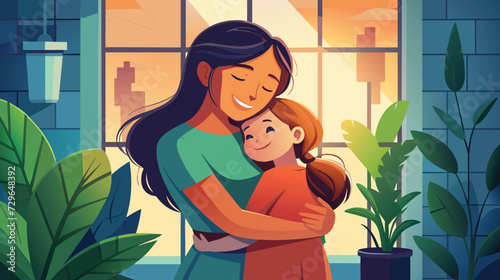 Warm Embrace Between Mother and Daughter at Home During Sunset