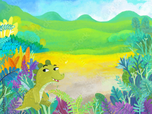 cartoon scene with forest jungle meadow wildlife with dragon dino dinosaur animal zoo scenery illustration for children © honeyflavour
