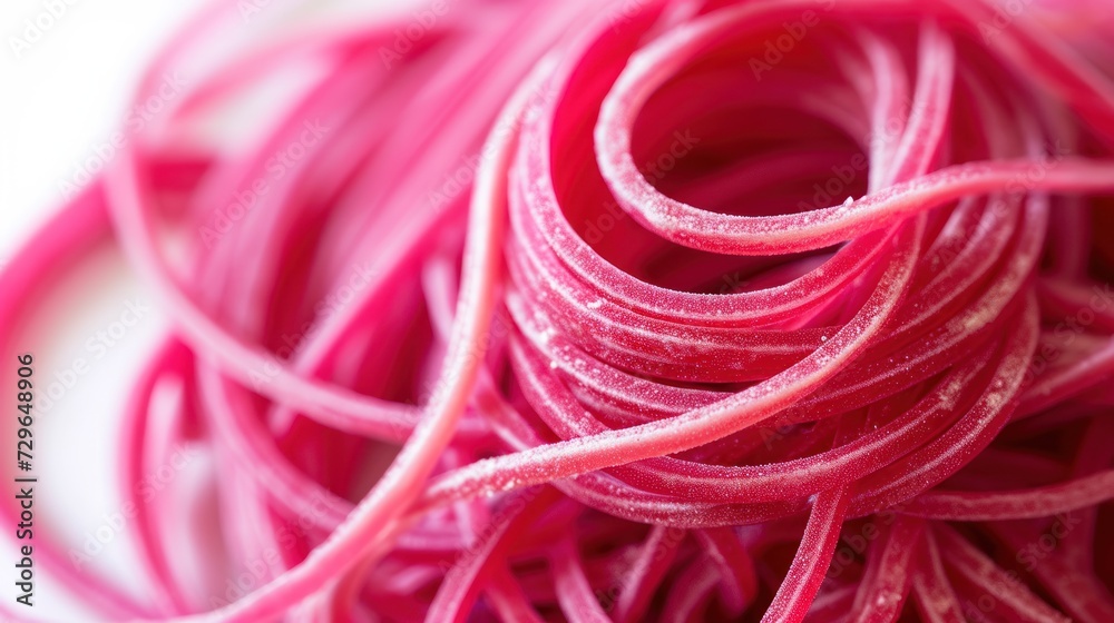 a close up view of a bunch of red rubber bands on a white surface with water droplets on the end of the bands and the ends of the rubber bands.