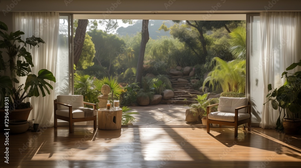 Utilize light and airy curtains on sliding glass doors leading to a patio for seamless indoor-outdoor connection with ample sunlight