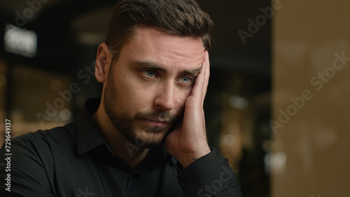 Obraz na plátně Sick ill unhealthy Caucasian man guy suffer headache tired overworked frustrated