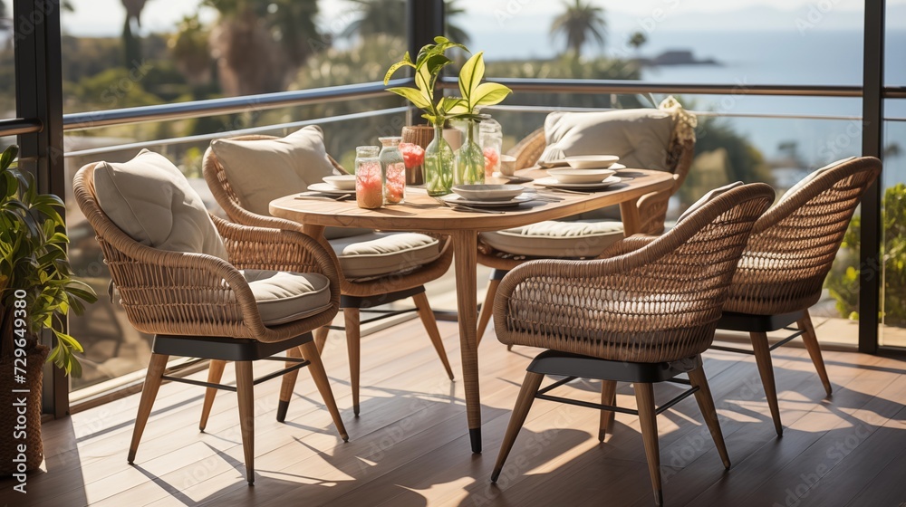 Utilize rattan dining chairs with plush, light-colored cushions for a comfortable and trendy take on natural materials
