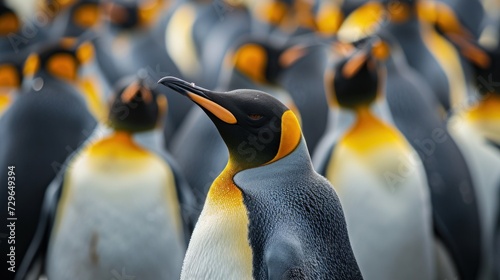  a group of penguins standing next to each other on top of a field of yellow and black penguins with one of them's eyes closed and one's head turned to the other's left.