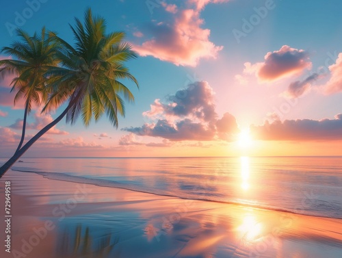 Paradise beach with palm trees and calm ocean at dawn or sunset. Panoramic banner of a peaceful landscape © gilles