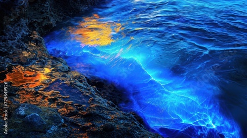  a large body of water next to a rocky cliff with a bright blue substance in the middle of the water and a yellow substance in the middle of the water.