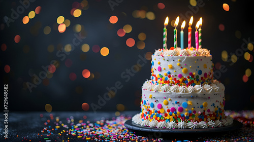 white birthday cake with colorful sprinkles with candles on a dark background with free space with place for text