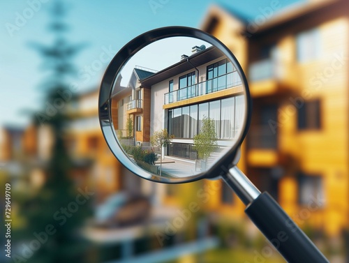 Searching new house for purchase. Rental housing market. Magnifying glass near residential building. 