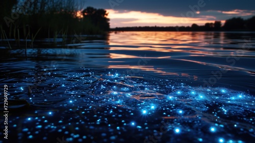  a body of water that has a lot of blue stars on the water and some trees in the background and a sky with some clouds in the middle of the water.