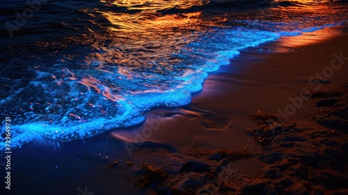  a beach with a wave coming in to the shore and a bright light reflecting off of the water on top of the sand and on top of the beach and bottom of the water.