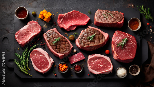 Sumptuous Symphony: A Captivating Culinary Canvas of Prime Beef Steaks and Luscious Raw Cuts on a Rustic, Dark Table