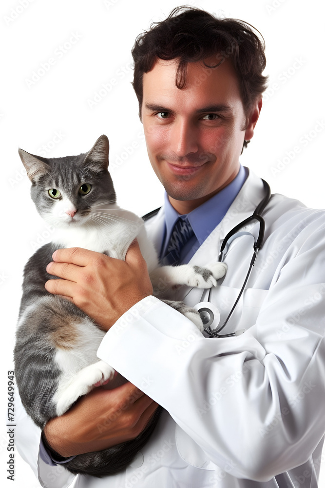 banner for veterinarian's day, a veterinarian in a white coat holds a cat in his arms, with space for text banner for veterinarian's day, a veterinarian in a white coat holds a cat in his arms, with space for text