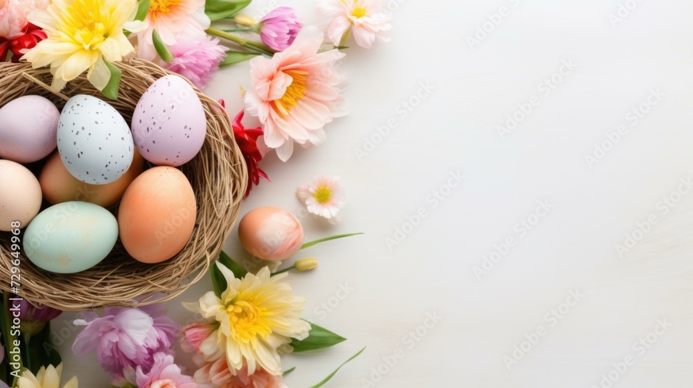 Easter eggs in a nest with flowers on a white background. Generative AI.