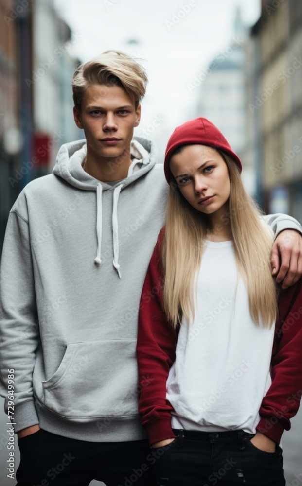 A young man and woman standing in the street. Generative AI. A young man and woman standing in the street. Generative AI.
