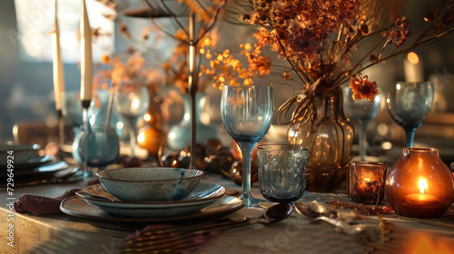  a table topped with plates and glasses next to a vase filled with flowers and candles on top of a wooden table covered with plates and glasses and a vase filled with flowers.