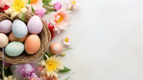 Easter eggs in a nest with flowers on a white background. Generative AI.