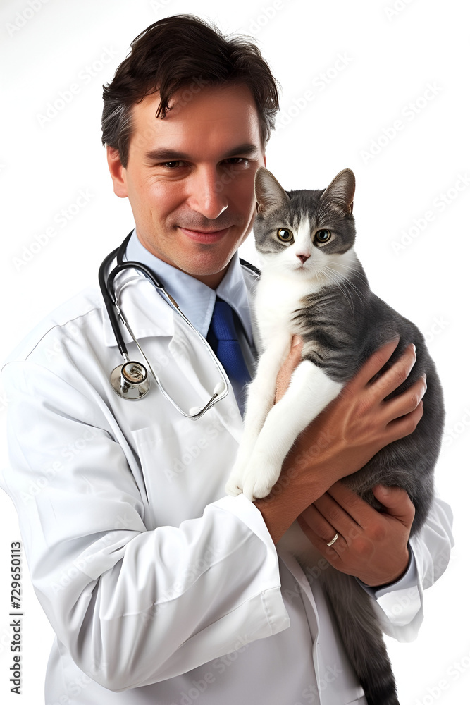 banner for veterinarian's day, a veterinarian in a white coat holds a cat in his arms, with space for text banner for veterinarian's day, a veterinarian in a white coat holds a cat in his arms, with space for text