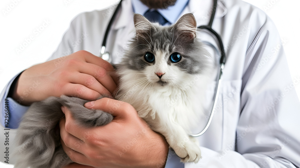 banner for veterinarian's day, a veterinarian in a white coat holds a cat in his arms, with space for text banner for veterinarian's day, a veterinarian in a white coat holds a cat in his arms, with space for text