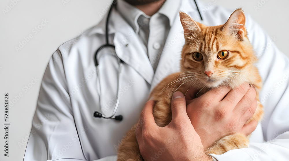 banner for veterinarian's day, a veterinarian in a white coat holds a ginger cat in his arms, with space for text banner for veterinarian's day, a veterinarian in a white coat holds a ginger cat in his arms, with space for text