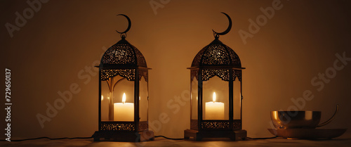 Ramadan lantern with crescent moon and podium as luxury Islamic background. Decoration for Ramadan kareem, 