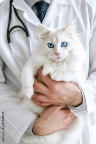 banner for veterinarian's day, a veterinarian in a white coat holds a white cat with blue eyes in his arms, with space for text