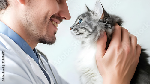 banner for veterinarian's day, a veterinarian in a white coat holds a cat in his arms, with space for text