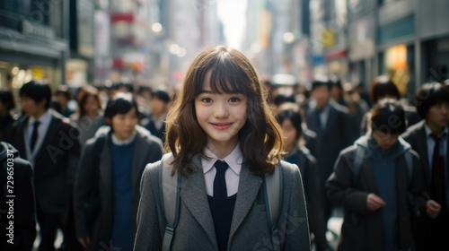 A young woman in a school uniform standing in a crowded city. Generative AI.