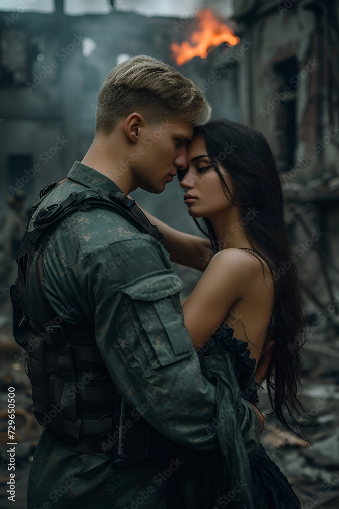 a military young guy hugs a beautiful girl against the backdrop of war, destroyed buildings and fire