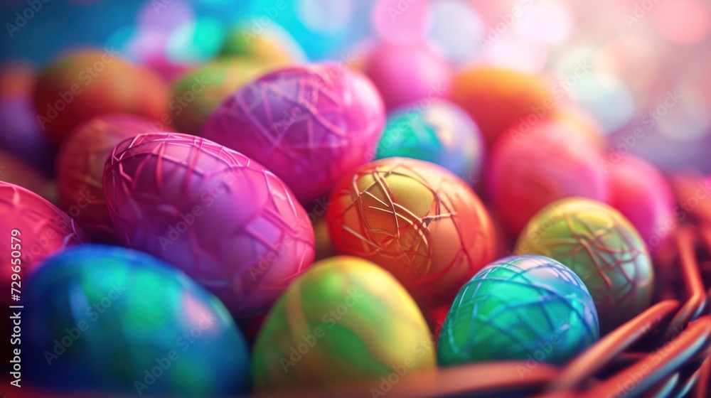 a basket filled with colorful easter eggs on top of a bed of green and pink eggs on top of a blue and red basket on the bottom of the basket. a basket filled with colorful easter eggs on top of a bed of green and pink eggs on top of a blue and red basket on the bottom of the basket.